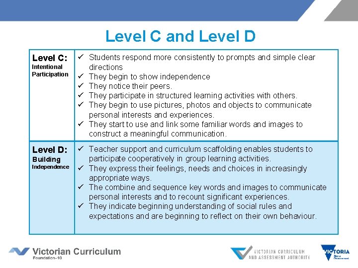 Level C and Level D Level C: Intentional Participation Level D: Building Independence ü