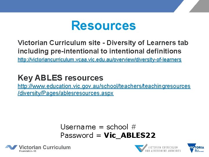 Resources Victorian Curriculum site - Diversity of Learners tab including pre-intentional to intentional definitions