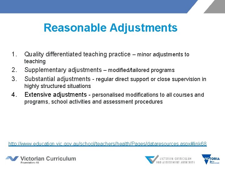 Reasonable Adjustments 1. Quality differentiated teaching practice – minor adjustments to teaching 2. 3.