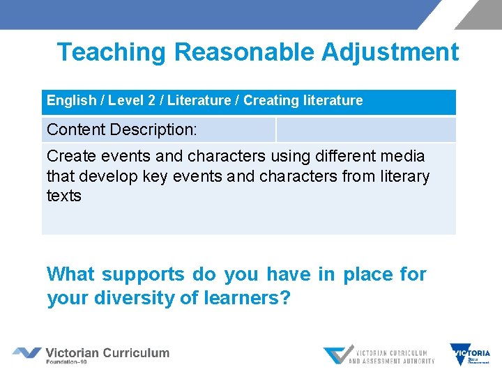 Teaching Reasonable Adjustment English / Level 2 / Literature / Creating literature Content Description: