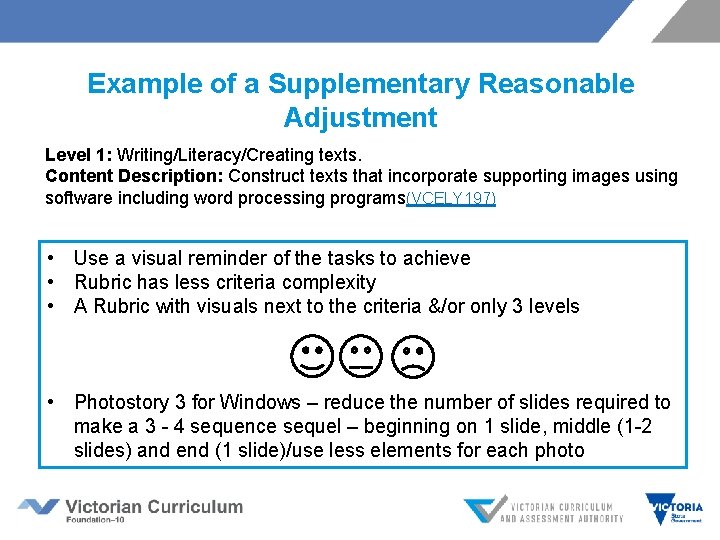 Example of a Supplementary Reasonable Adjustment Level 1: Writing/Literacy/Creating texts. Content Description: Construct texts