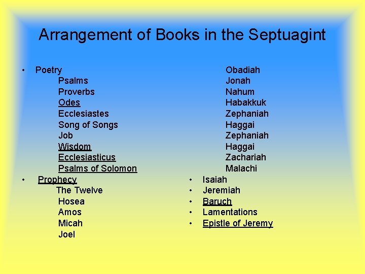 Arrangement of Books in the Septuagint • • Poetry Psalms Proverbs Odes Ecclesiastes Song