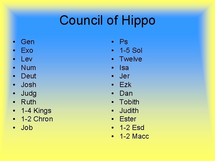 Council of Hippo • • • Gen Exo Lev Num Deut Josh Judg Ruth