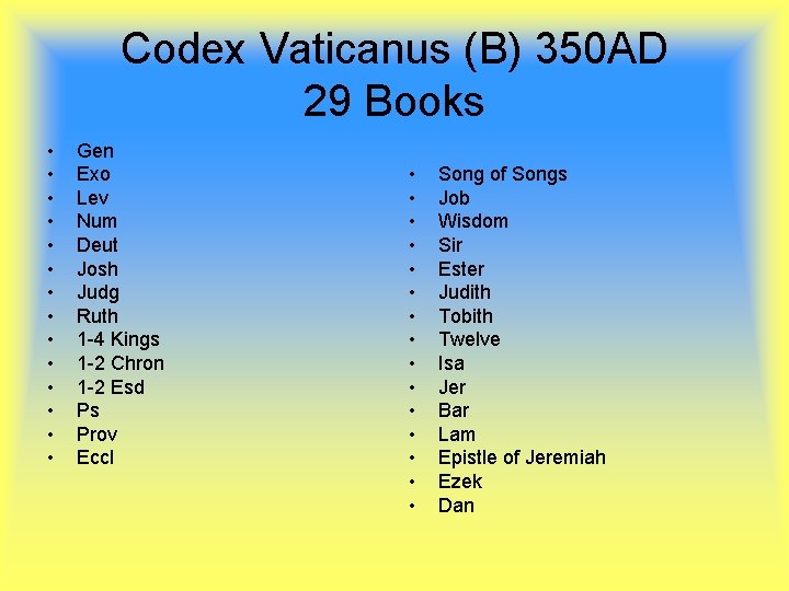 Codex Vaticanus (B) 350 AD 29 Books • • • • Gen Exo Lev