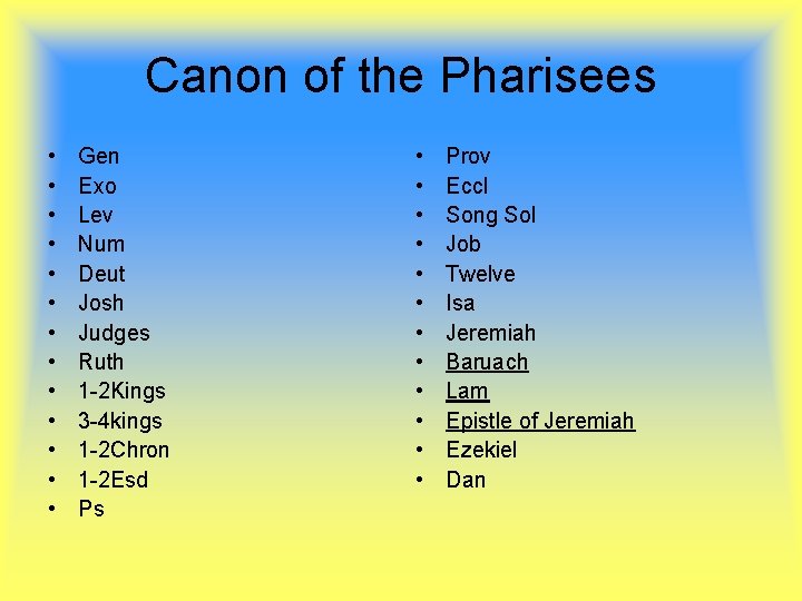 Canon of the Pharisees • • • • Gen Exo Lev Num Deut Josh