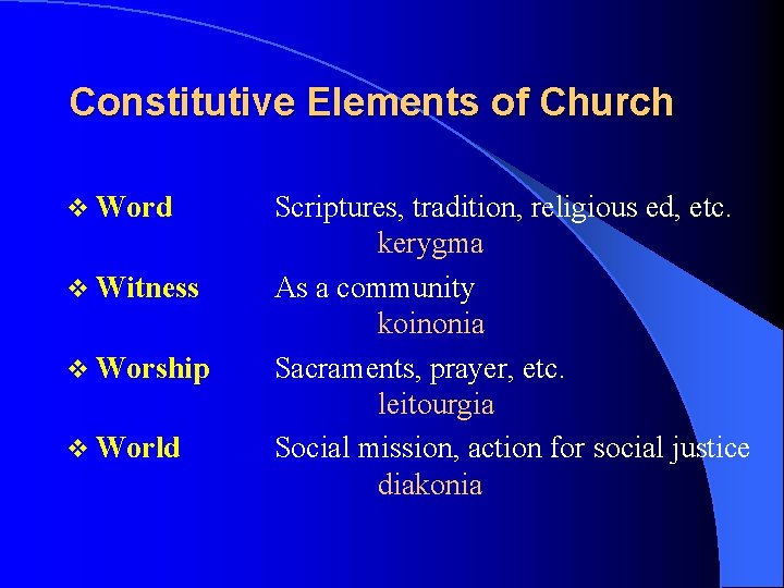 Constitutive Elements of Church v Word v Witness v Worship v World Scriptures, tradition,