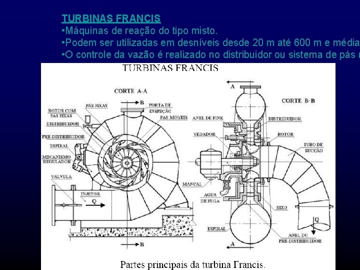 TURBINAS FRANCIS • Máquinas de reação do tipo misto. • Podem ser utilizadas em