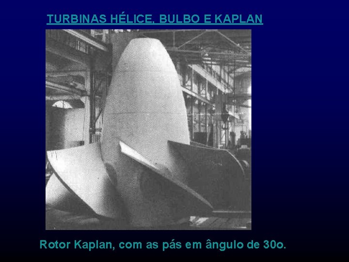 TURBINAS HÉLICE, BULBO E KAPLAN Rotor Kaplan, com as pás em ângulo de 30