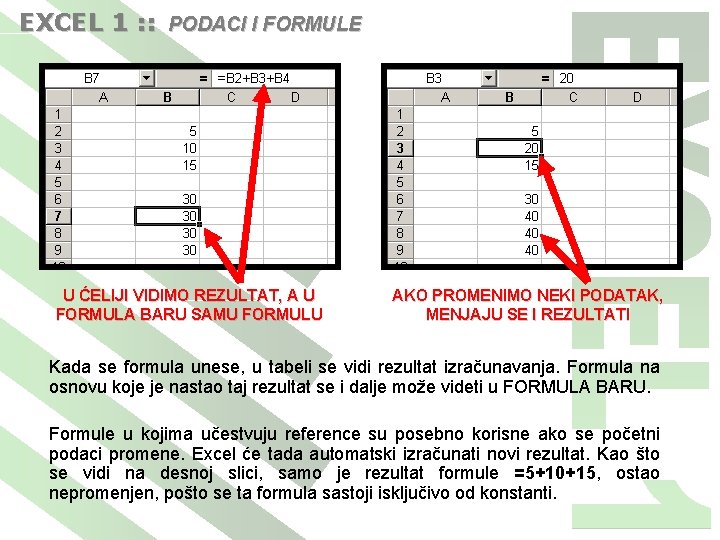 EXCEL 1 : : PODACI I FORMULE U ĆELIJI VIDIMO REZULTAT, A U FORMULA