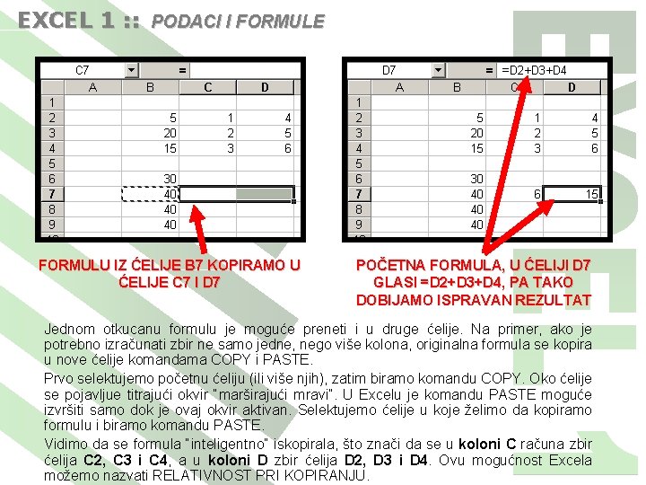 EXCEL 1 : : PODACI I FORMULE FORMULU IZ ĆELIJE B 7 KOPIRAMO U