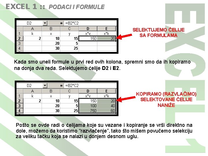 EXCEL 1 : : PODACI I FORMULE SELEKTUJEMO ĆELIJE SA FORMULAMA Kada smo uneli