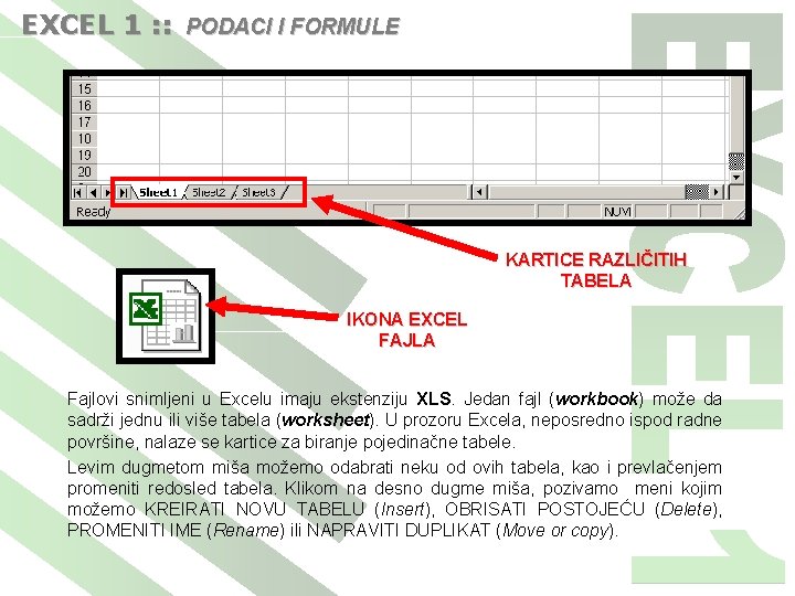 EXCEL 1 : : PODACI I FORMULE KARTICE RAZLIČITIH TABELA IKONA EXCEL FAJLA Fajlovi