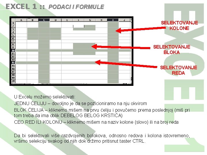 EXCEL 1 : : PODACI I FORMULE SELEKTOVANJE KOLONE SELEKTOVANJE BLOKA SELEKTOVANJE REDA U