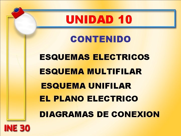 UNIDAD 10 CONTENIDO ESQUEMAS ELECTRICOS ESQUEMA MULTIFILAR ESQUEMA UNIFILAR EL PLANO ELECTRICO DIAGRAMAS DE