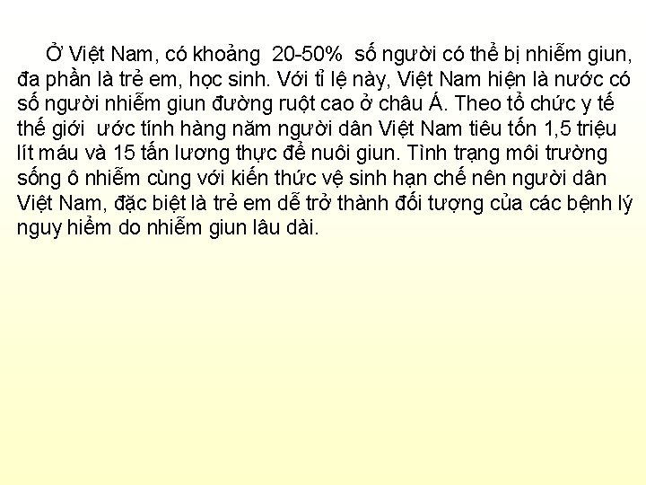 Ở Việt Nam, có khoảng 20 -50% số người có thể bị nhiễm giun,