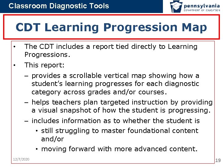 Classroom Diagnostic Tools CDT Learning Progression Map • The CDT includes a report tied