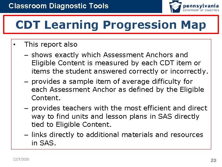 Classroom Diagnostic Tools CDT Learning Progression Map • This report also – shows exactly