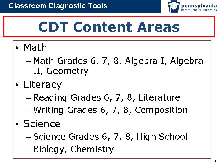 Classroom Diagnostic Tools CDT Content Areas • Math – Math Grades 6, 7, 8,