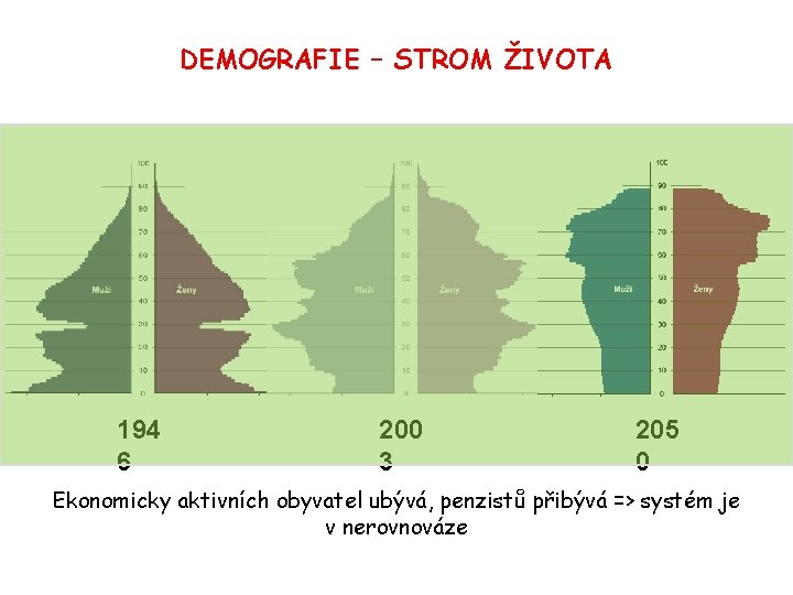 DEMOGRAFIE – STROM ŽIVOTA 194 6 200 3 205 0 Ekonomicky aktivních obyvatel ubývá,