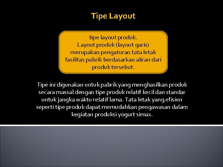 Tipe Layout tipe layout produk. Layout produk (layout garis) merupakan pengaturan tata letak fasilitas