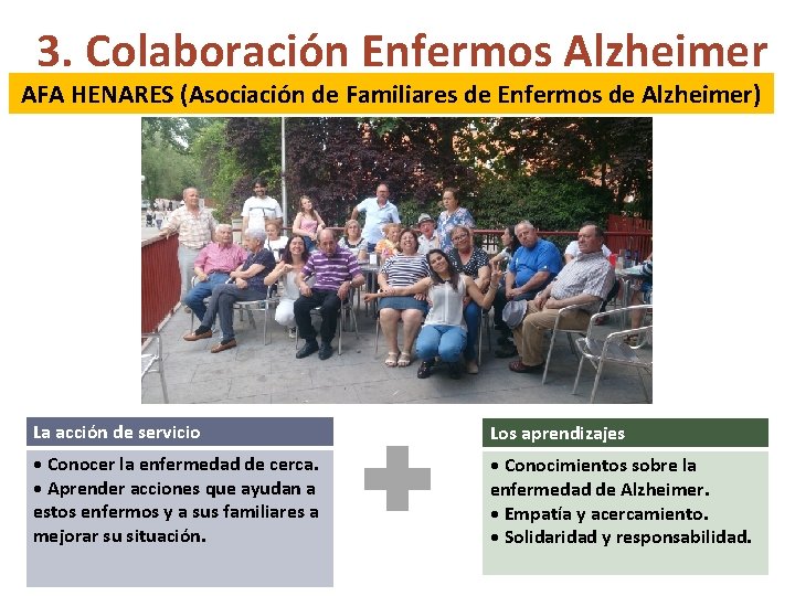 3. Colaboración Enfermos Alzheimer AFA HENARES (Asociación de Familiares de Enfermos de Alzheimer) La