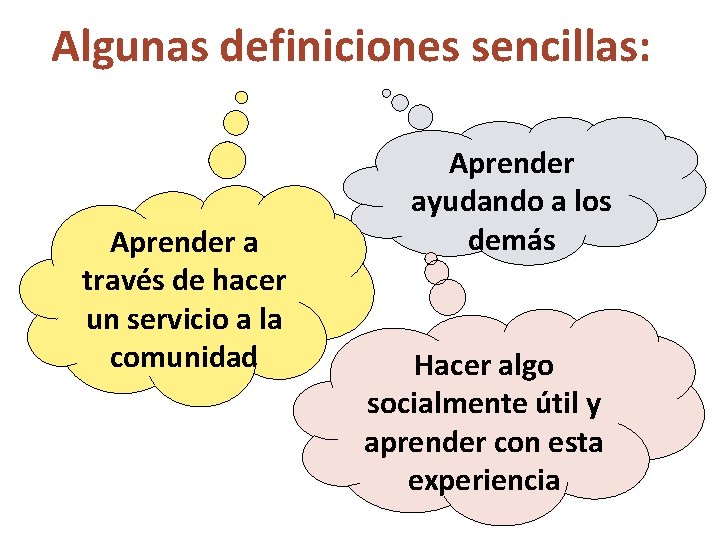 Algunas definiciones sencillas: Aprender a través de hacer un servicio a la comunidad Aprender