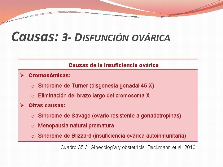 Causas: 3 - DISFUNCIÓN OVÁRICA Causas de la insuficiencia ovárica Cromosómicas: o Síndrome de