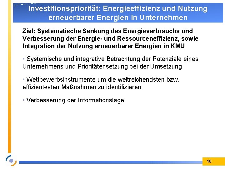 Investitionspriorität: Energieeffizienz und Nutzung erneuerbarer Energien in Unternehmen Ziel: Systematische Senkung des Energieverbrauchs und
