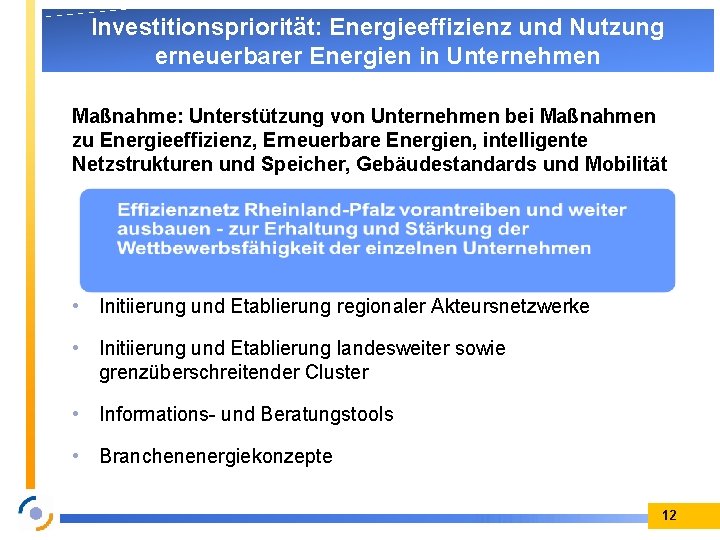 Investitionspriorität: Energieeffizienz und Nutzung erneuerbarer Energien in Unternehmen Maßnahme: Unterstützung von Unternehmen bei Maßnahmen