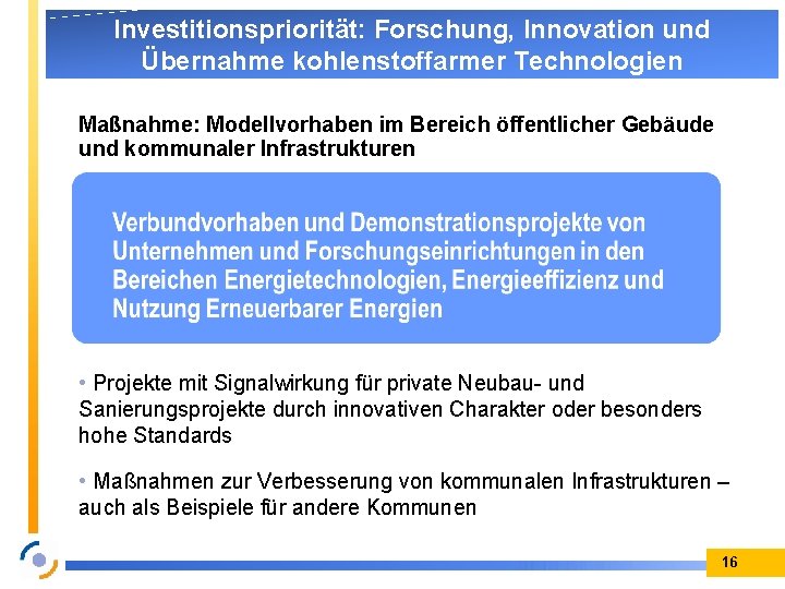 Investitionspriorität: Forschung, Innovation und Übernahme kohlenstoffarmer Technologien Maßnahme: Modellvorhaben im Bereich öffentlicher Gebäude und