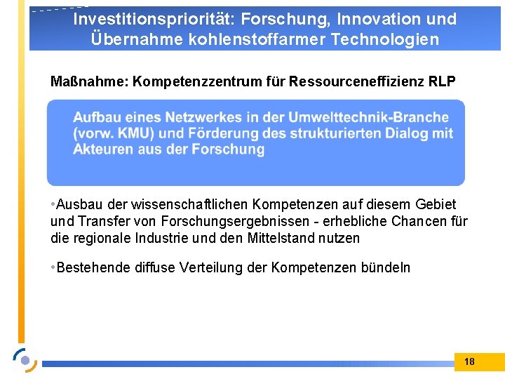 Investitionspriorität: Forschung, Innovation und Übernahme kohlenstoffarmer Technologien Maßnahme: Kompetenzzentrum für Ressourceneffizienz RLP • Ausbau