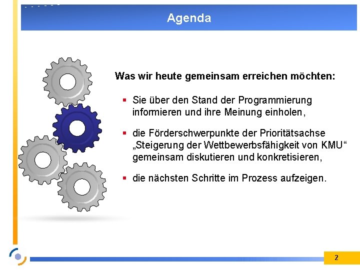 Agenda Was wir heute gemeinsam erreichen möchten: Sie über den Stand der Programmierung informieren