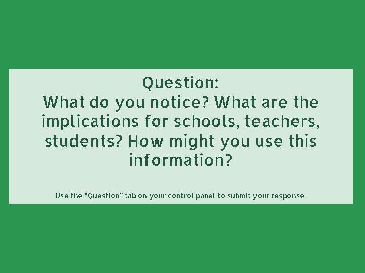 Question: What do you notice? What are the implications for schools, teachers, students? How