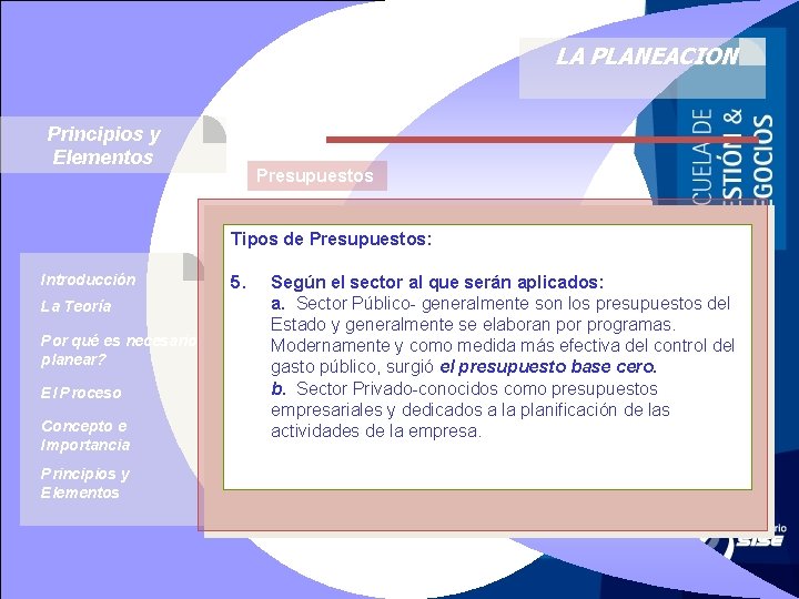 LA PLANEACION Principios y Elementos Presupuestos Tipos de Presupuestos: Introducción La Teoría Por qué