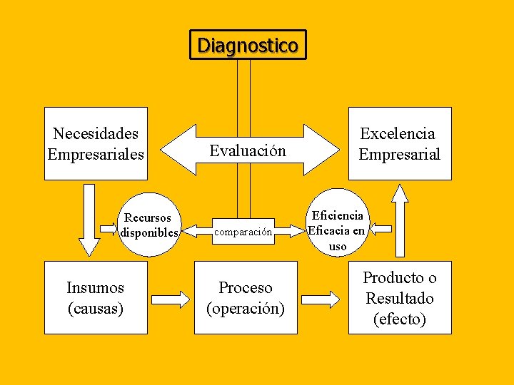 Diagnostico Necesidades Empresariales Recursos disponibles Insumos (causas) Evaluación comparación Proceso (operación) Excelencia Empresarial Eficiencia