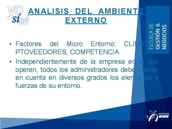 ANALISIS DEL AMBIENTE EXTERNO • Factores del Micro Entorno: CLIENTES, PTOVEEDORES, COMPETENCIA. • Independientemente