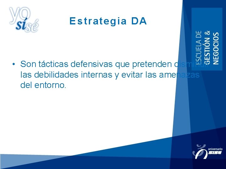 Estrategia DA • Son tácticas defensivas que pretenden disminuir las debilidades internas y evitar