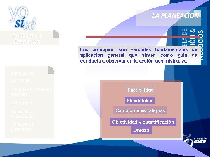 LA PLANEACION Principios y Elementos Los principios son verdades fundamentales de aplicación general que