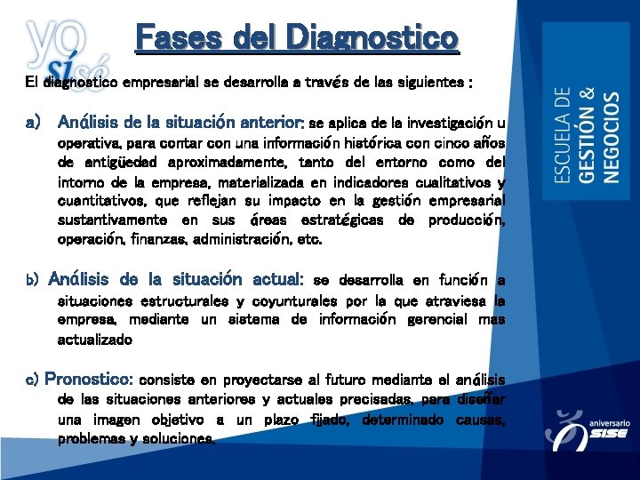 Fases del Diagnostico El diagnostico empresarial se desarrolla a través de las siguientes :
