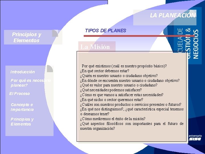 LA PLANEACIÓN Principios y Elementos Introducción Por qué es necesario planear? El Proceso Concepto