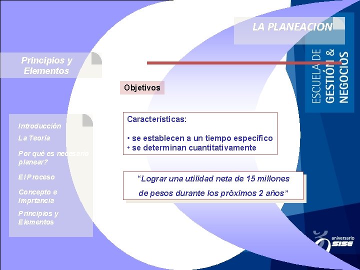 LA PLANEACION Principios y Elementos Objetivos Introducción La Teoría Por qué es necesario planear?