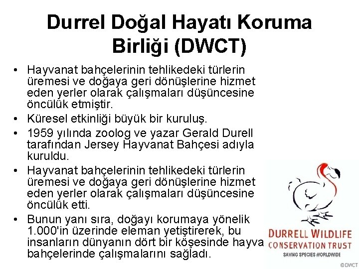 Durrel Doğal Hayatı Koruma Birliği (DWCT) • Hayvanat bahçelerinin tehlikedeki türlerin üremesi ve doğaya