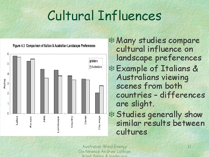 Cultural Influences T Many studies compare cultural influence on landscape preferences T Example of
