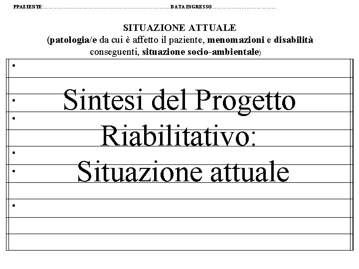 PPAZIENTE: ………………………………. …… DATA INGRESSO………………… SITUAZIONE ATTUALE (patologia/e da cui è affetto il paziente,