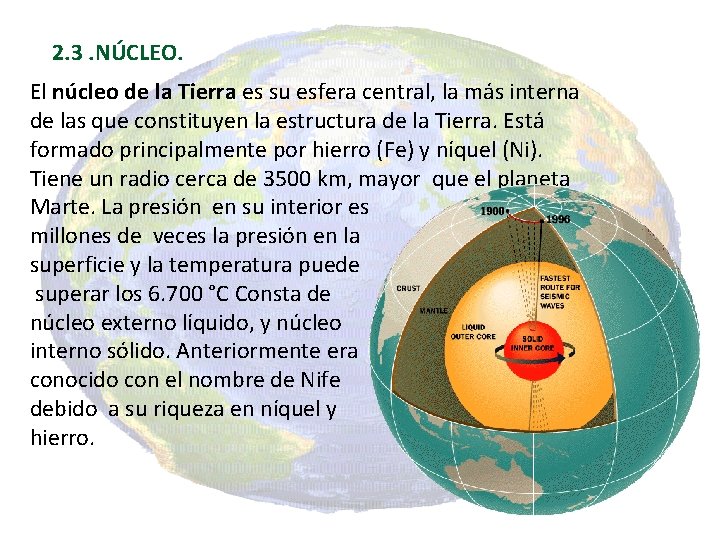 2. 3. NÚCLEO. El núcleo de la Tierra es su esfera central, la más