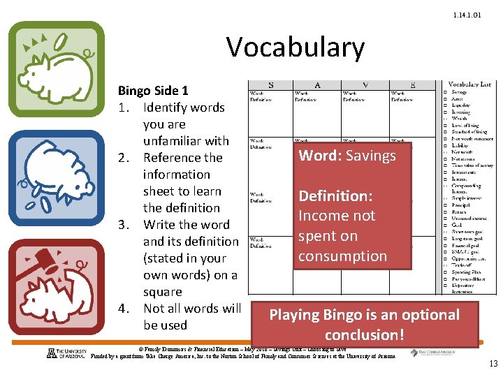 1. 14. 1. G 1 Vocabulary Bingo Side 1 1. Identify words you are