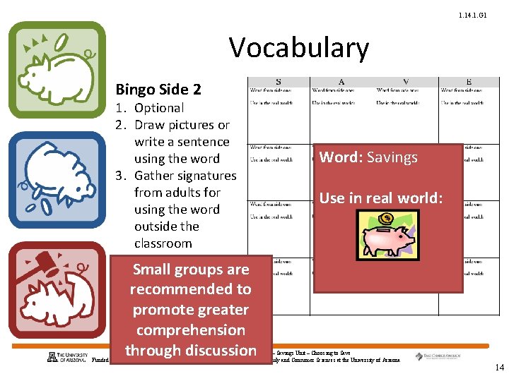1. 14. 1. G 1 Vocabulary Bingo Side 2 1. Optional 2. Draw pictures