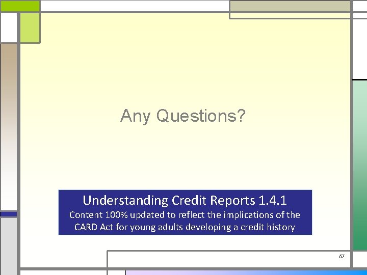 Any Questions? Understanding Credit Reports 1. 4. 1 Content 100% updated to reflect the