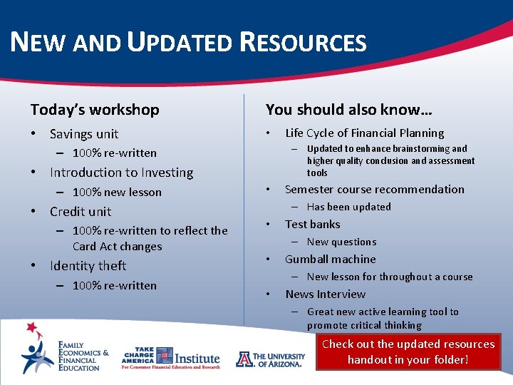 NEW AND UPDATED RESOURCES Today’s workshop You should also know… • Savings unit •
