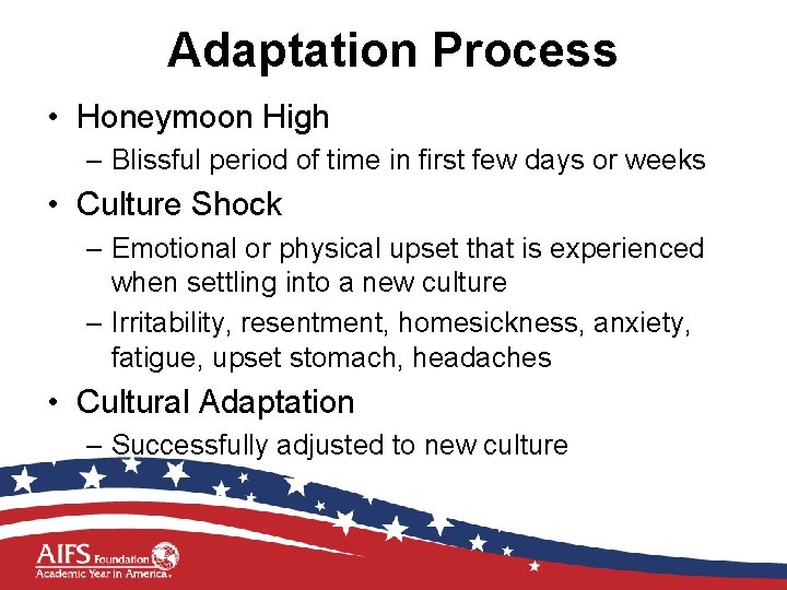 Adaptation Process • Honeymoon High – Blissful period of time in first few days